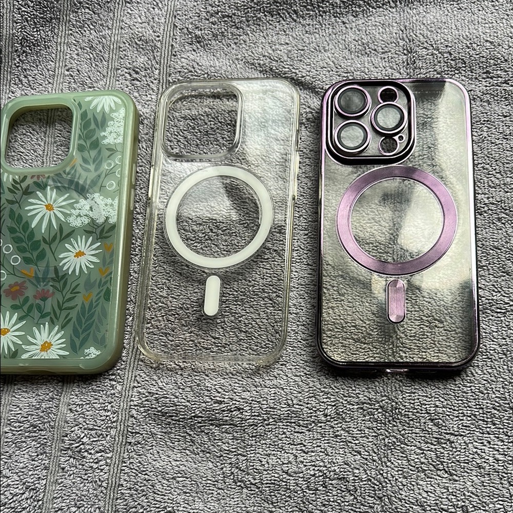 I phone 14 pro Floral Green and Clear Phone Case and Purple Case set